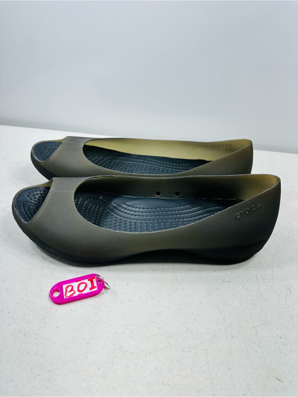 CROCS Women's Olive Green Peep-Toe Slip-On Flats 9